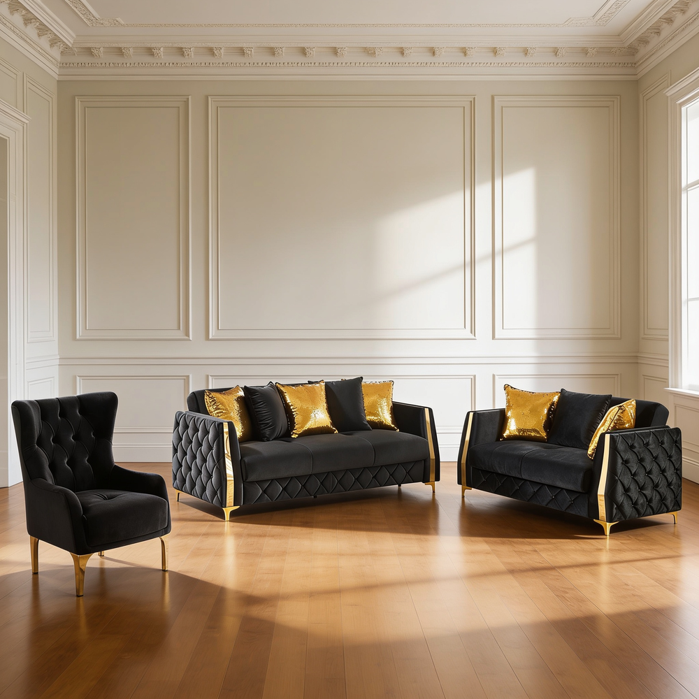 Lippa 3pc Upholstered Sofa, Loveseat and Chair Set in Black Fabric with Gold Stainless Steel Legs, Foam Cushioning and Sturdy Wood Frame-B009S02236 - 场景图
