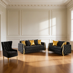Lippa 3pc Upholstered Sofa, Loveseat and Chair Set in Black Fabric with Gold Stainless Steel Legs, Foam Cushioning and Sturdy Wood Frame-B009S02236 - 场景图
