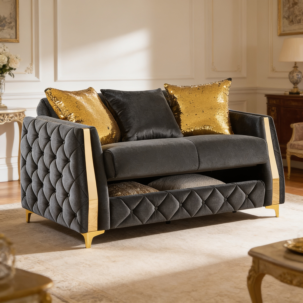 Lippa 3pc Upholstered Sofa, Loveseat and Chair Set in Black Fabric with Gold Stainless Steel Legs, Foam Cushioning and Sturdy Wood Frame-B009S02236 - 场景图