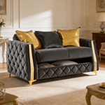 Lippa 3pc Upholstered Sofa, Loveseat and Chair Set in Black Fabric with Gold Stainless Steel Legs, Foam Cushioning and Sturdy Wood Frame-B009S02236 - 场景图