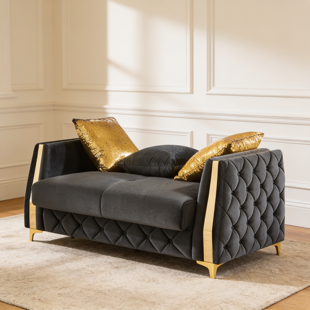 Lippa 3pc Upholstered Sofa, Loveseat and Chair Set in Black Fabric with Gold Stainless Steel Legs, Foam Cushioning and Sturdy Wood Frame-B009S02236 - 场景图