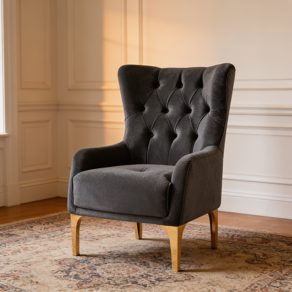 Lippa 3pc Upholstered Sofa, Loveseat and Chair Set in Black Fabric with Gold Stainless Steel Legs, Foam Cushioning and Sturdy Wood Frame-B009S02236 - 场景图