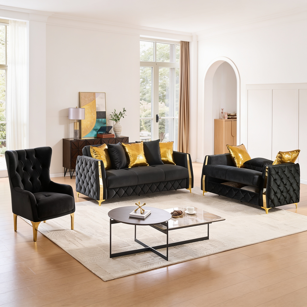 Lippa 3pc Upholstered Sofa, Loveseat and Chair Set in Black Fabric with Gold Stainless Steel Legs, Foam Cushioning and Sturdy Wood Frame-B009S02236 - 正方形修复