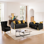 Lippa 3pc Upholstered Sofa, Loveseat and Chair Set in Black Fabric with Gold Stainless Steel Legs, Foam Cushioning and Sturdy Wood Frame-B009S02236 - 正方形修复