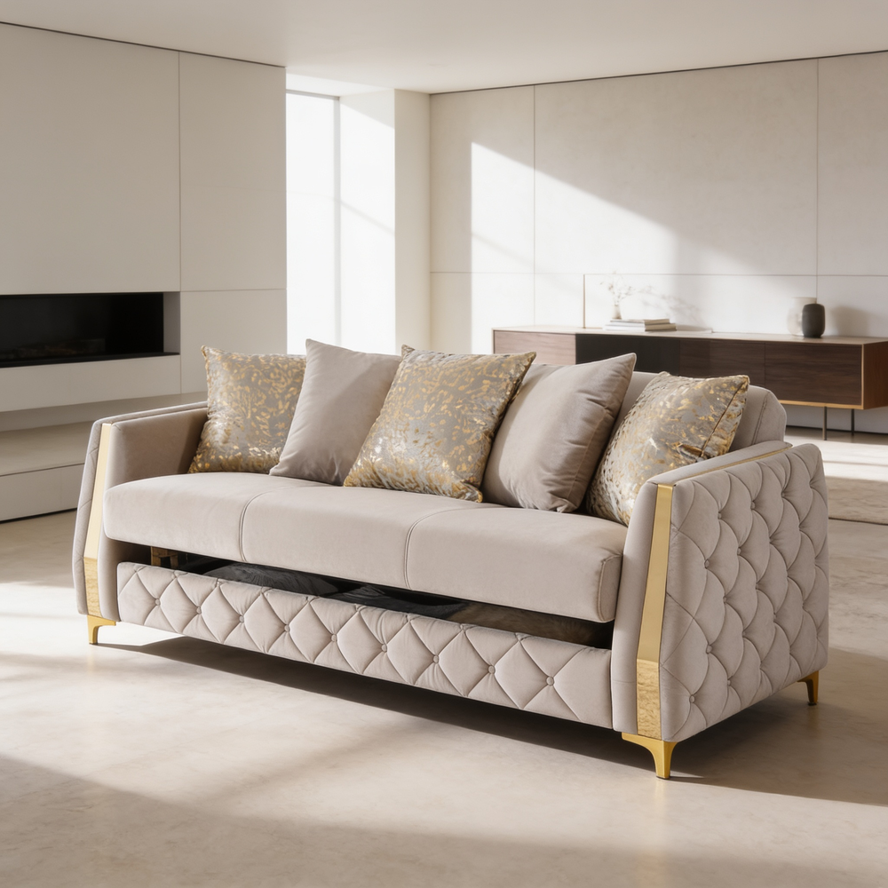 Lippa Upholstered Sofa in Taupe Fabric with Gold Stainless Steel Legs, Foam Cushioning and Sturdy Wood Frame-B009S02238 - 场景图