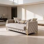 Lippa Upholstered Sofa in Taupe Fabric with Gold Stainless Steel Legs, Foam Cushioning and Sturdy Wood Frame-B009S02238 - 场景图