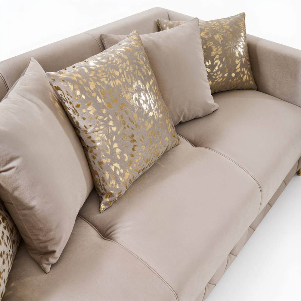 Lippa Upholstered Sofa in Taupe Fabric with Gold Stainless Steel Legs, Foam Cushioning and Sturdy Wood Frame-B009S02238 - 细节图