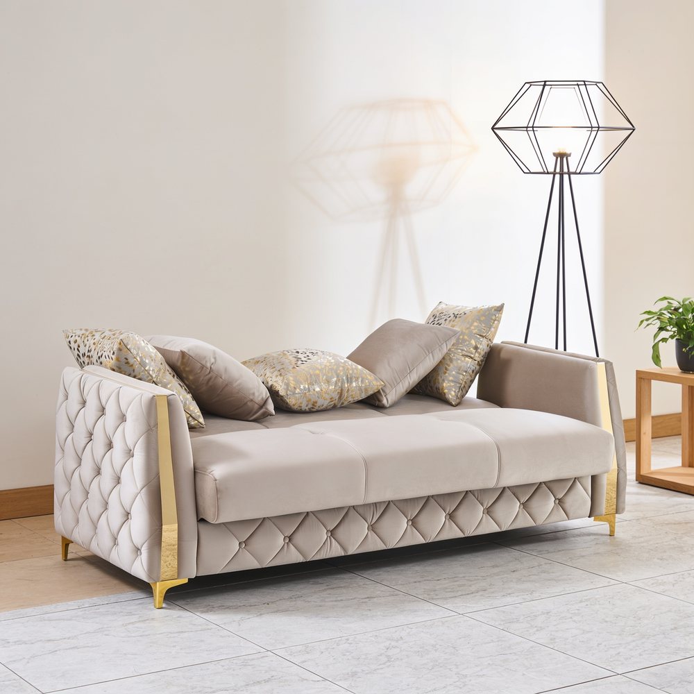 Lippa 2pc Upholstered Sofa and Loveseat Set in Taupe Fabric with Gold Stainless Steel Legs, Foam Cushioning and Sturdy Wood Frame-B009S02239 - 场景图