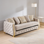 Lippa 2pc Upholstered Sofa and Loveseat Set in Taupe Fabric with Gold Stainless Steel Legs, Foam Cushioning and Sturdy Wood Frame-B009S02239 - 场景图