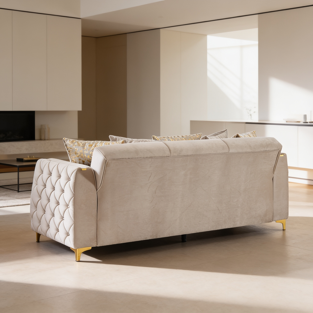 Lippa 2pc Upholstered Sofa and Loveseat Set in Taupe Fabric with Gold Stainless Steel Legs, Foam Cushioning and Sturdy Wood Frame-B009S02239 - 场景图