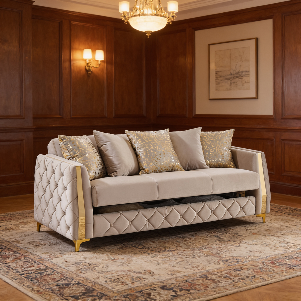 Lippa 3pc Upholstered Sofa, Loveseat and Chair Set in Taupe Fabric with Gold Stainless Steel Legs, Foam Cushioning and Sturdy Wood Frame-B009S02240 - 场景图