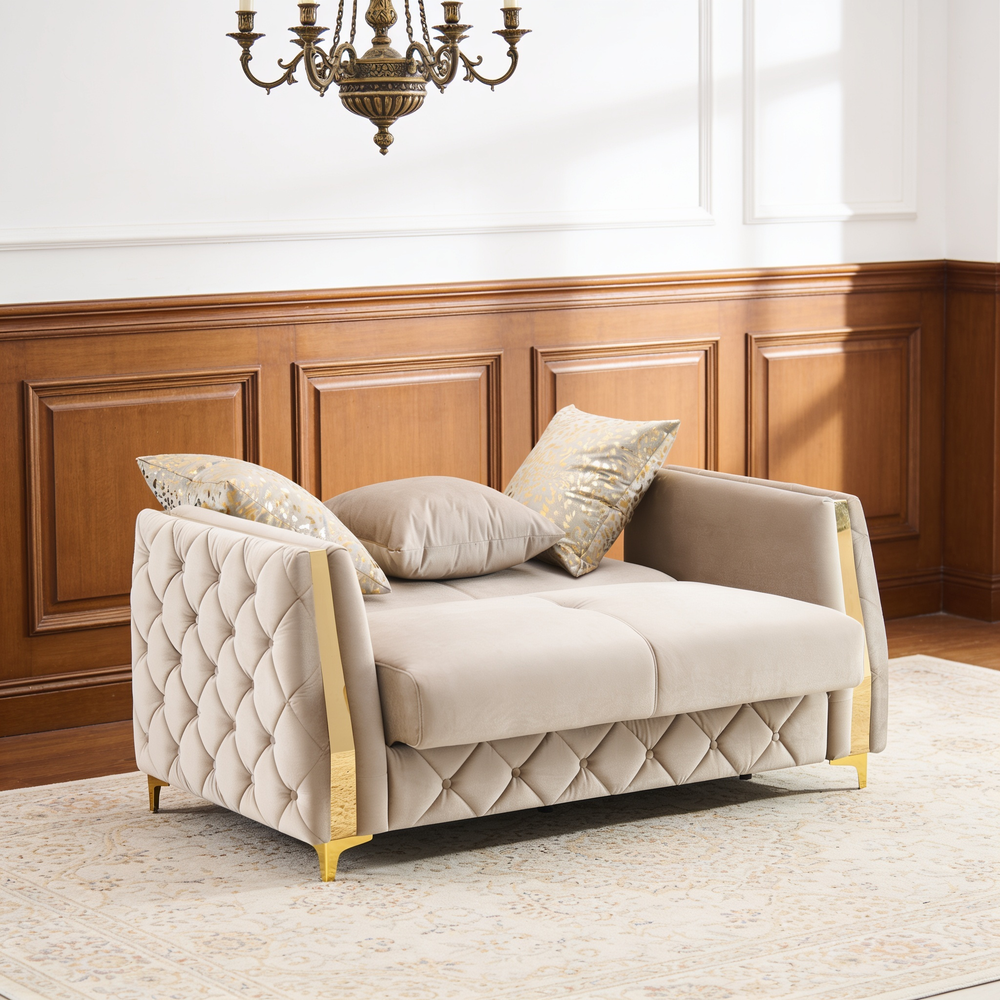 Lippa 3pc Upholstered Sofa, Loveseat and Chair Set in Taupe Fabric with Gold Stainless Steel Legs, Foam Cushioning and Sturdy Wood Frame-B009S02240 - 场景图