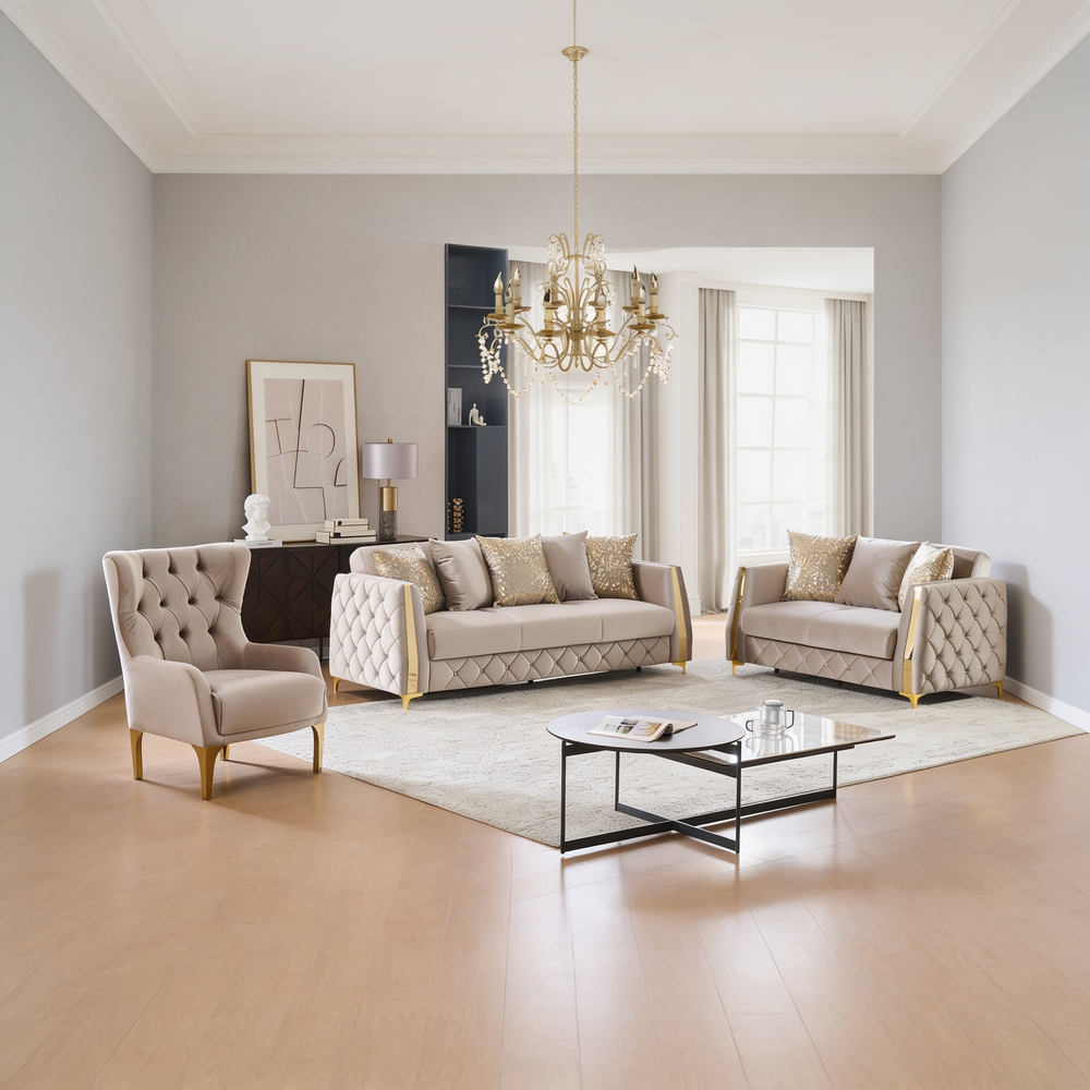 Lippa 3pc Upholstered Sofa, Loveseat and Chair Set in Taupe Fabric with Gold Stainless Steel Legs, Foam Cushioning and Sturdy Wood Frame-B009S02240 - 正方形修复