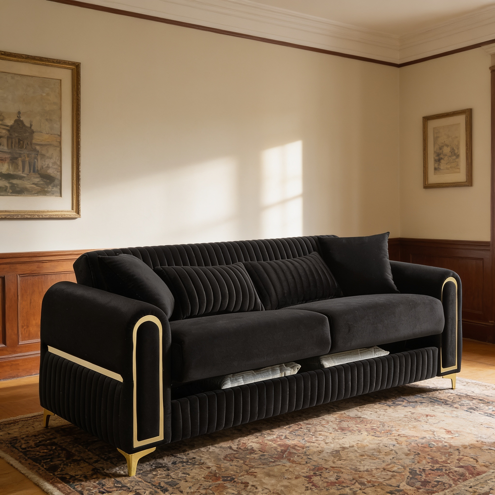 Ruby Modern Upholstered Sofa in Black with Solid Birch Wood Frame, Pocket Coil Seating and Gold Stainless Steel Legs-B009S02245 - 场景图
