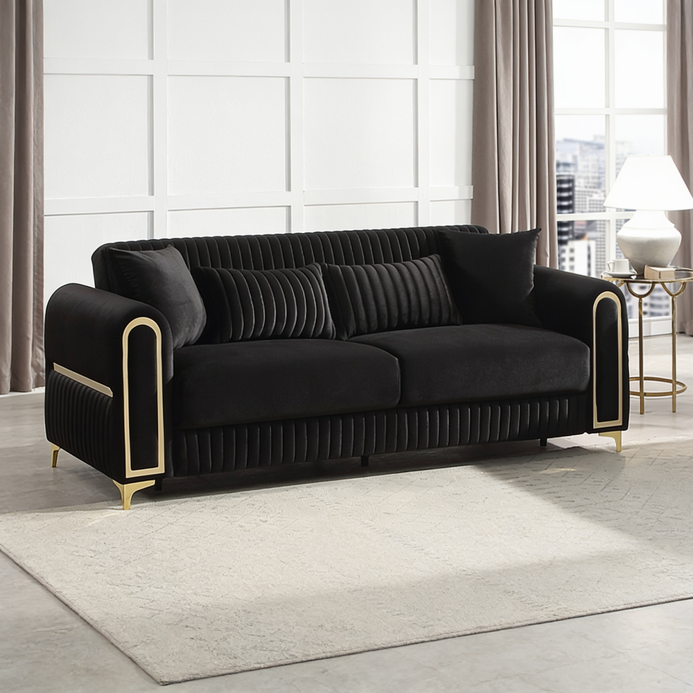 Ruby Modern Upholstered Sofa in Black with Solid Birch Wood Frame, Pocket Coil Seating and Gold Stainless Steel Legs-B009S02245 - 正方形修复