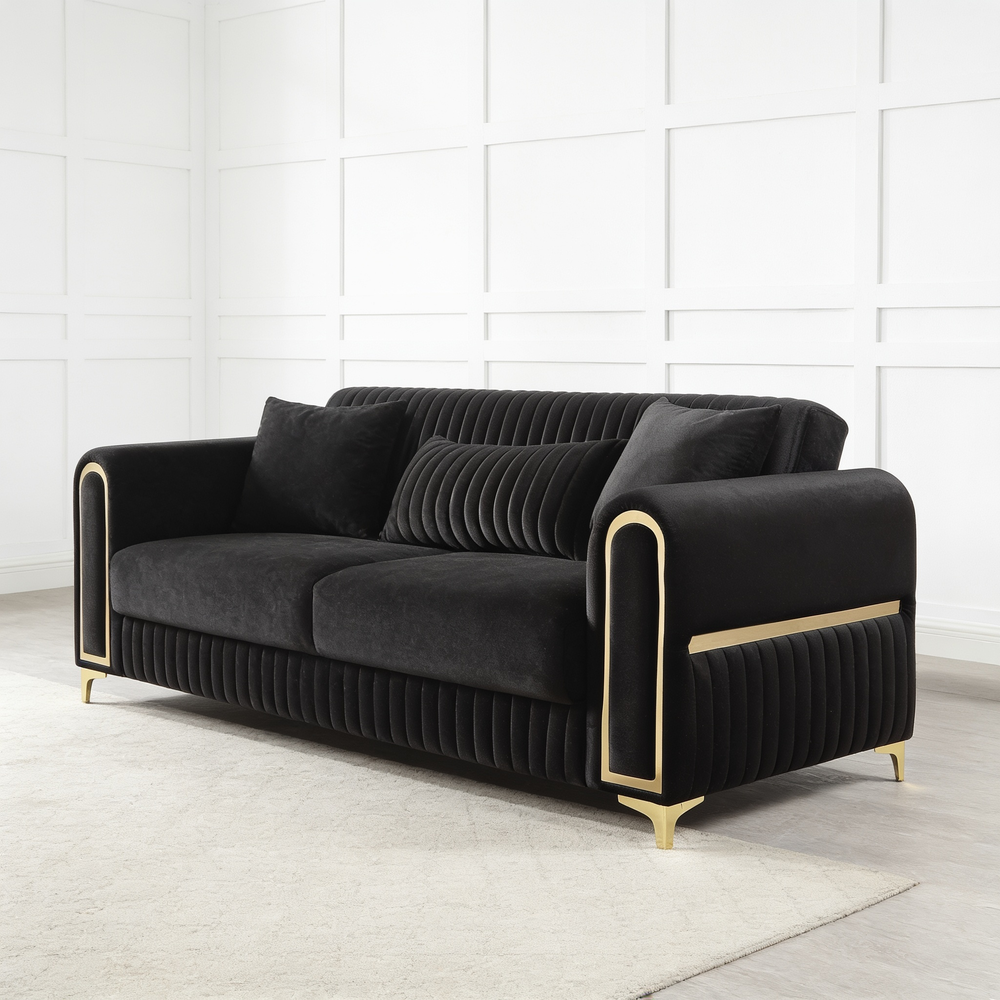 Ruby Modern Upholstered Sofa in Black with Solid Birch Wood Frame, Pocket Coil Seating and Gold Stainless Steel Legs-B009S02245 - 细节图