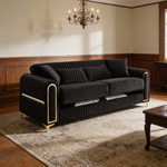Ruby 2Pc Modern Upholstered Sofa and Loveseat in Black with Solid Birch Wood Frame, Pocket Coil Seating and Gold Stainless Steel Legs-B009S02247 - 场景图