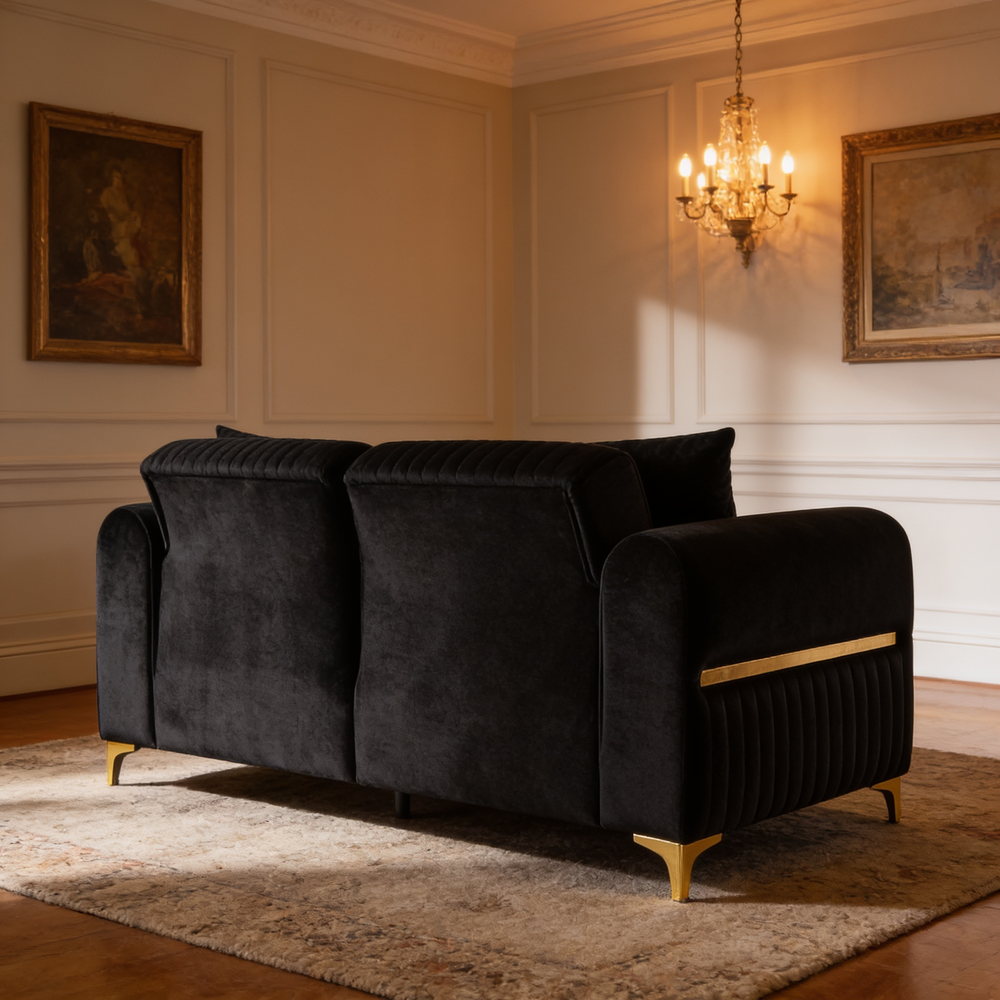 Ruby 2Pc Modern Upholstered Sofa and Loveseat in Black with Solid Birch Wood Frame, Pocket Coil Seating and Gold Stainless Steel Legs-B009S02247 - 场景图
