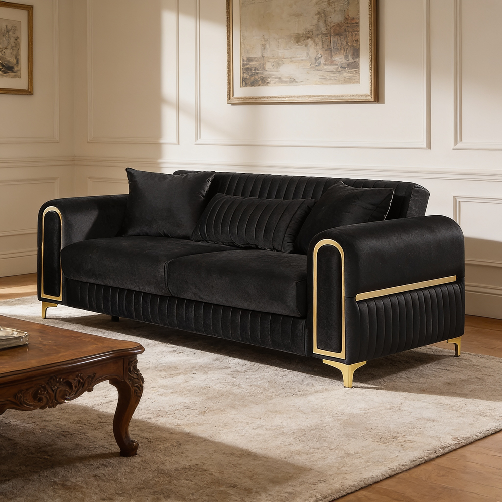 Ruby 2Pc Modern Upholstered Sofa and Loveseat in Black with Solid Birch Wood Frame, Pocket Coil Seating and Gold Stainless Steel Legs-B009S02247 - 场景图