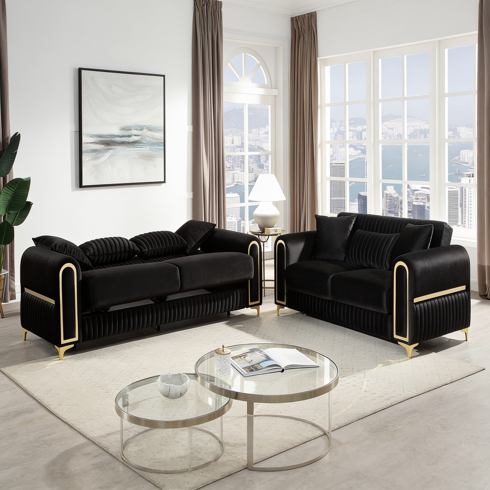 Ruby 2Pc Modern Upholstered Sofa and Loveseat in Black with Solid Birch Wood Frame, Pocket Coil Seating and Gold Stainless Steel Legs-B009S02247 - 正方形修复