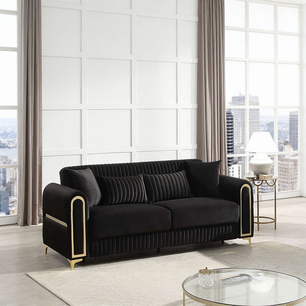 Ruby 2Pc Modern Upholstered Sofa and Loveseat in Black with Solid Birch Wood Frame, Pocket Coil Seating and Gold Stainless Steel Legs-B009S02247 - 正方形修复