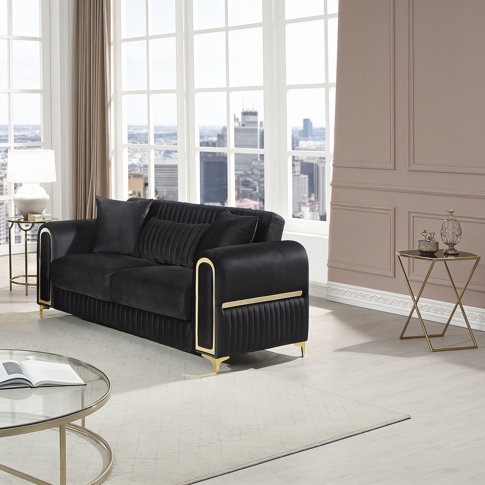 Ruby 2Pc Modern Upholstered Sofa and Loveseat in Black with Solid Birch Wood Frame, Pocket Coil Seating and Gold Stainless Steel Legs-B009S02247 - 正方形修复