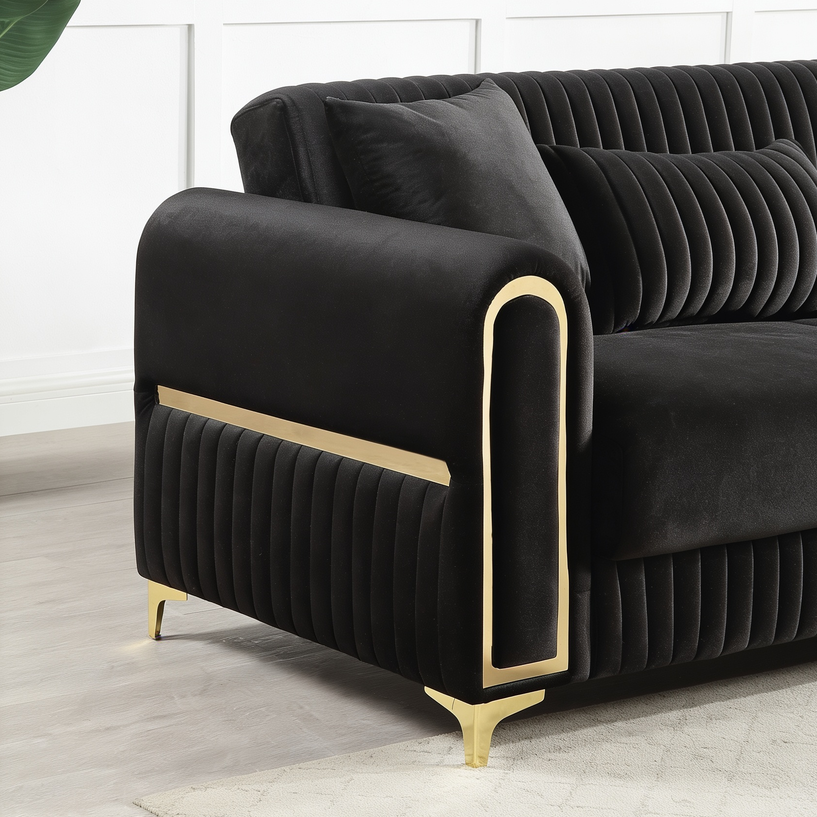 Ruby 2Pc Modern Upholstered Sofa and Loveseat in Black with Solid Birch Wood Frame, Pocket Coil Seating and Gold Stainless Steel Legs-B009S02247 - 细节图