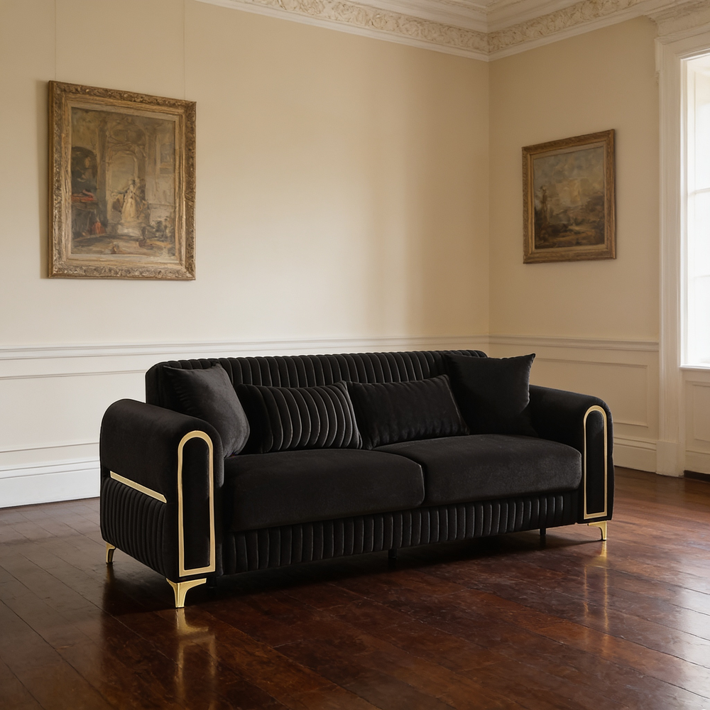Ruby 3Pc Modern Upholstered Sofa, Loveseatand Chair in Black with Solid Birch Wood Frame, Pocket Coil Seating and Gold Stainless Steel Legs-B009S02248 - 场景图