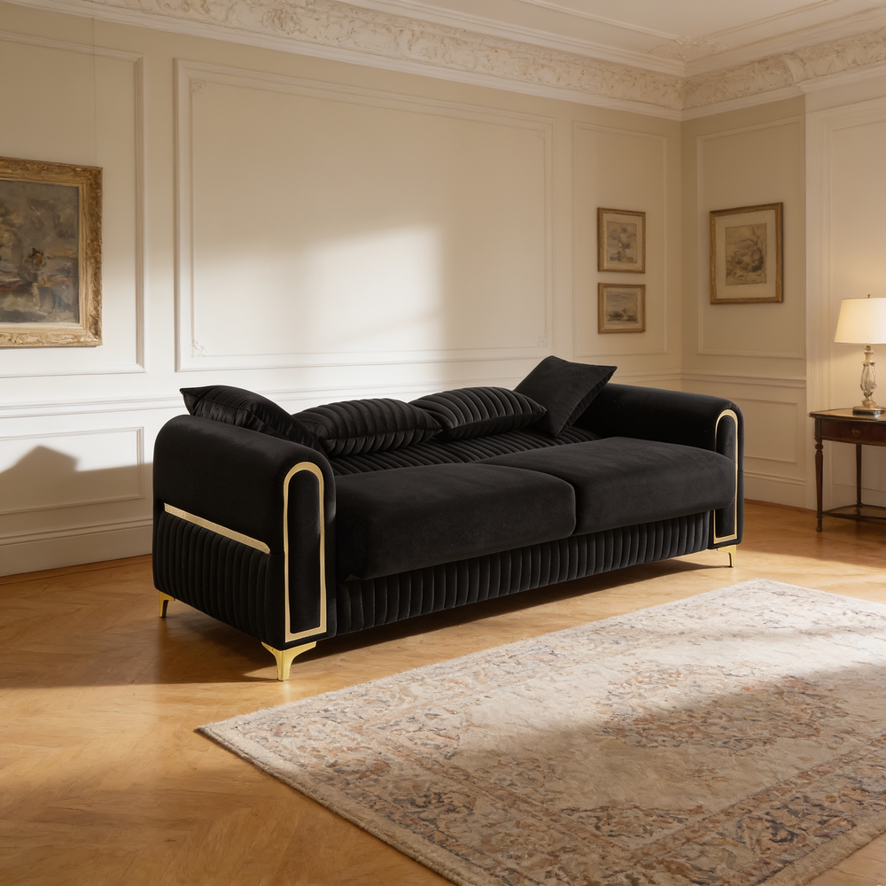 Ruby 3Pc Modern Upholstered Sofa, Loveseatand Chair in Black with Solid Birch Wood Frame, Pocket Coil Seating and Gold Stainless Steel Legs-B009S02248 - 场景图
