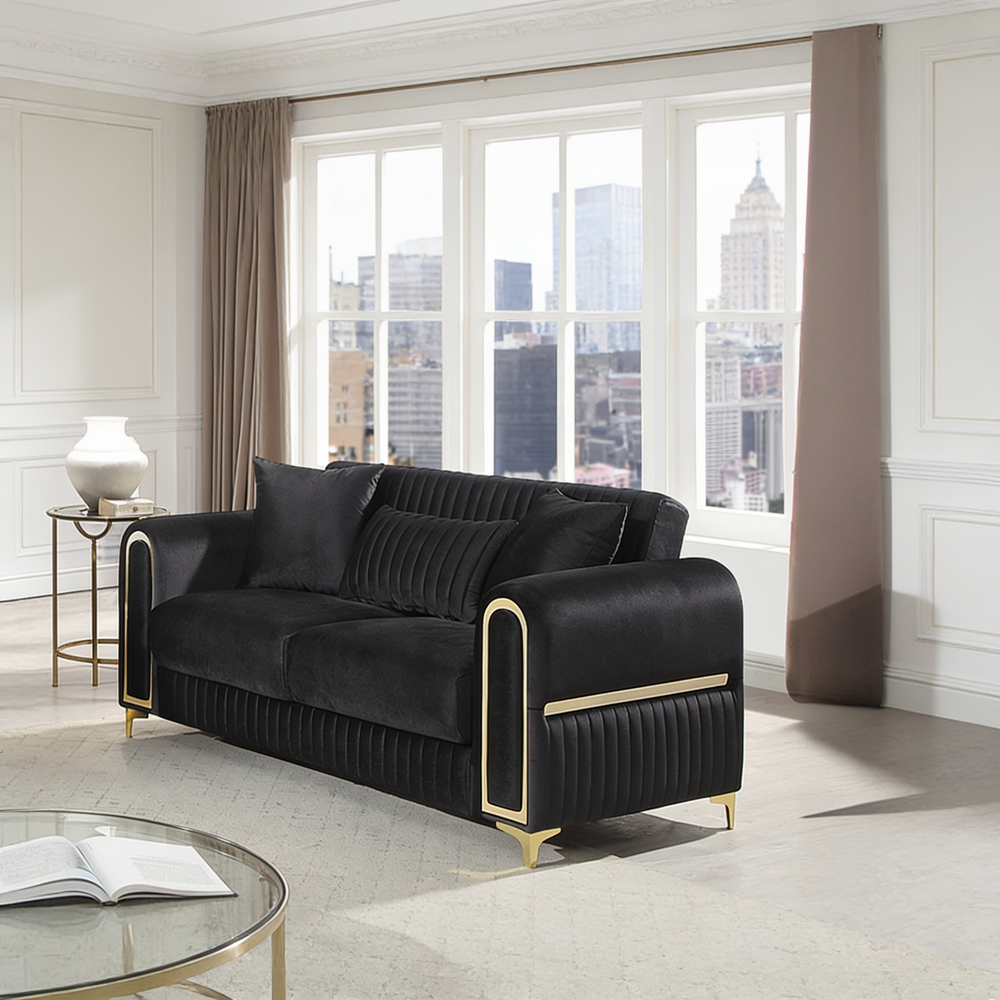 Ruby 3Pc Modern Upholstered Sofa, Loveseatand Chair in Black with Solid Birch Wood Frame, Pocket Coil Seating and Gold Stainless Steel Legs-B009S02248 - 正方形修复