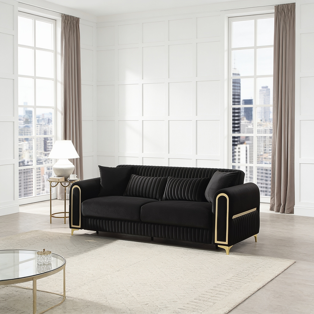 Ruby 3Pc Modern Upholstered Sofa, Loveseatand Chair in Black with Solid Birch Wood Frame, Pocket Coil Seating and Gold Stainless Steel Legs-B009S02248 - 正方形修复