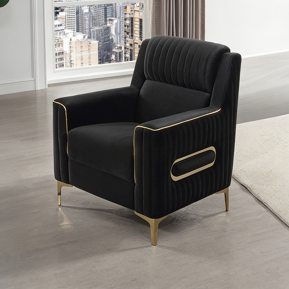 Ruby 3Pc Modern Upholstered Sofa, Loveseatand Chair in Black with Solid Birch Wood Frame, Pocket Coil Seating and Gold Stainless Steel Legs-B009S02248 - 正方形修复