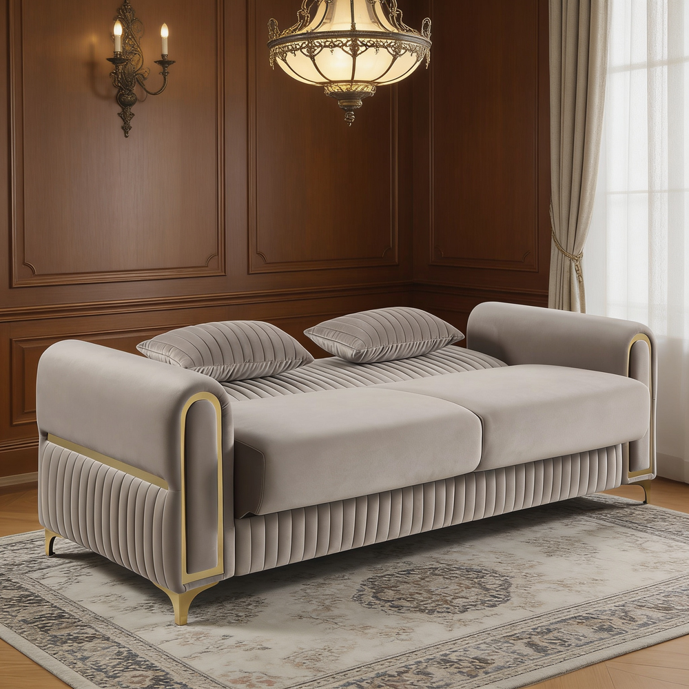 Ruby Modern Upholstered Sofa in Taupe with Solid Birch Wood Frame, Pocket Coil Seating and Gold Stainless Steel Legs-B009S02249 - 场景图