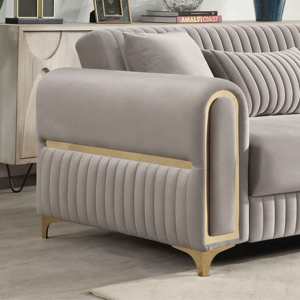 Ruby Modern Upholstered Sofa in Taupe with Solid Birch Wood Frame, Pocket Coil Seating and Gold Stainless Steel Legs-B009S02249 - 细节图