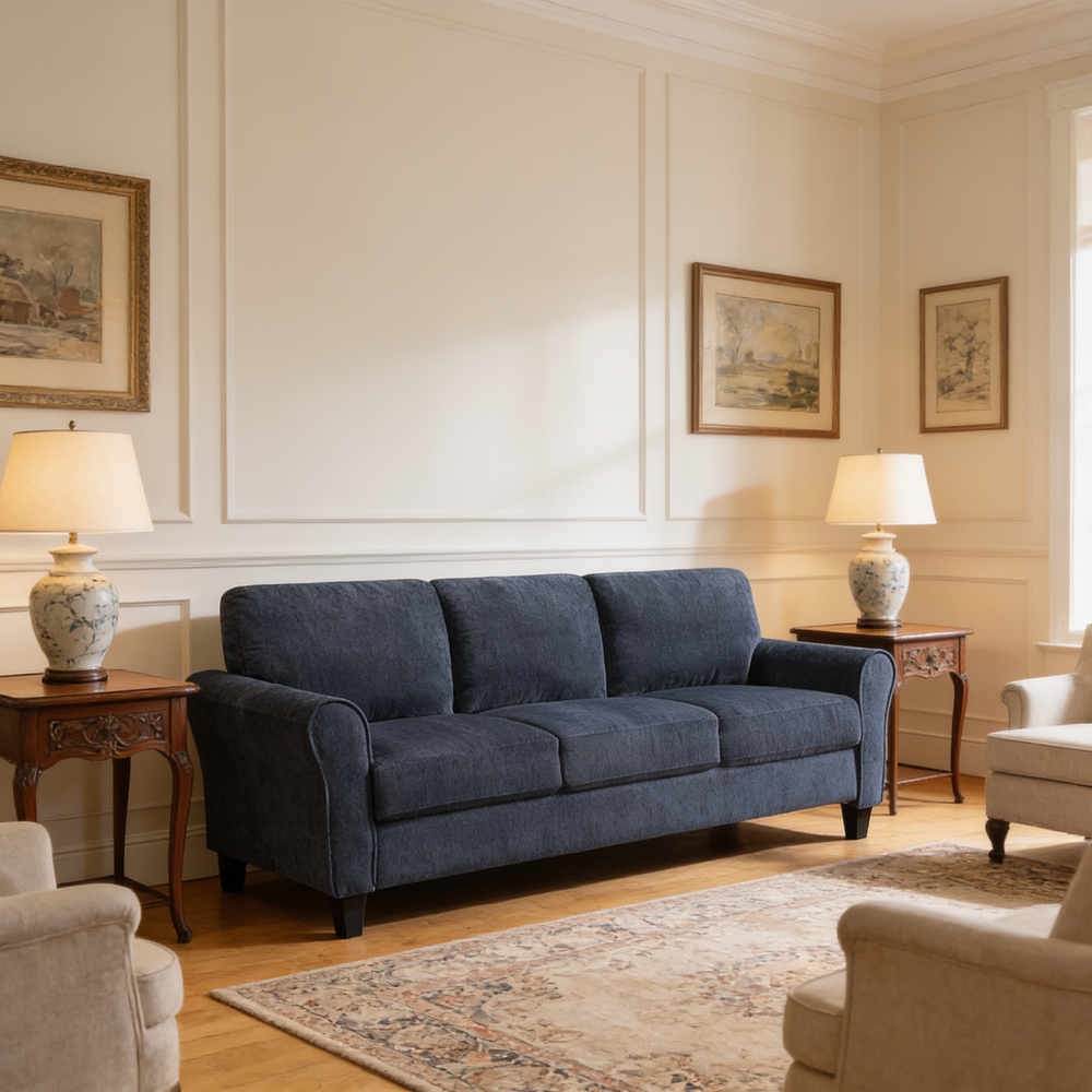 Contemporary 3-Seater Sofa Plush Foam Padded Blue Chenille Upholstered Pochet Coils Living Room Furniture 1pc-B011P474397 - 场景图