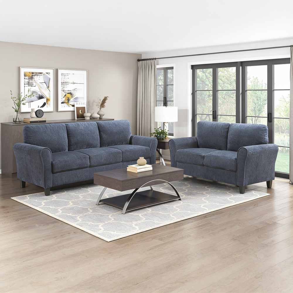 Contemporary 3-Seater Sofa Plush Foam Padded Blue Chenille Upholstered Pochet Coils Living Room Furniture 1pc-B011P474397 - 正方形修复