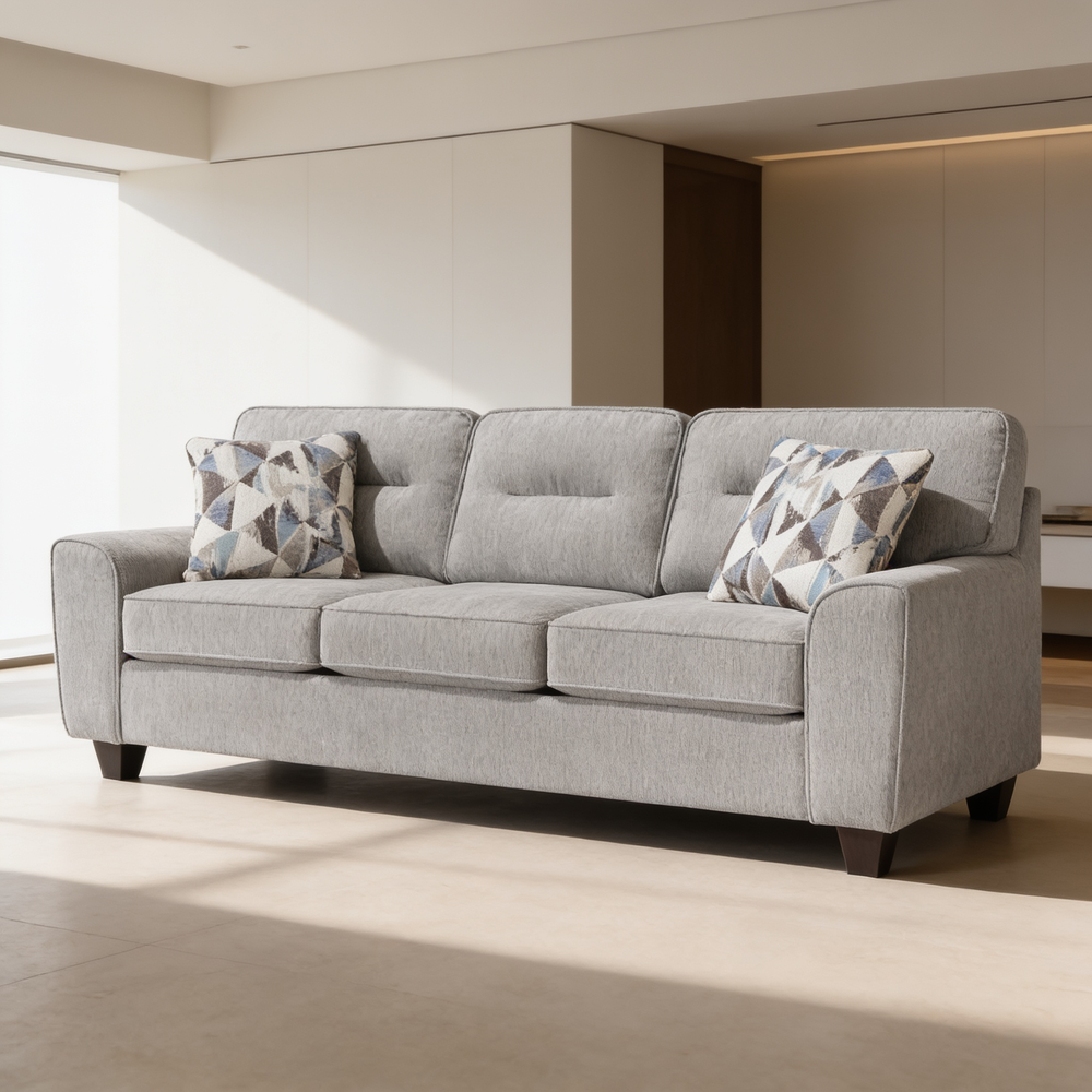 Contemporary 3pc Set Living Room Sofa Loveseat Chair Gray Durable Chenille Fabric Decorative Pillows Wooden Furniture-B011S02476 - 场景图