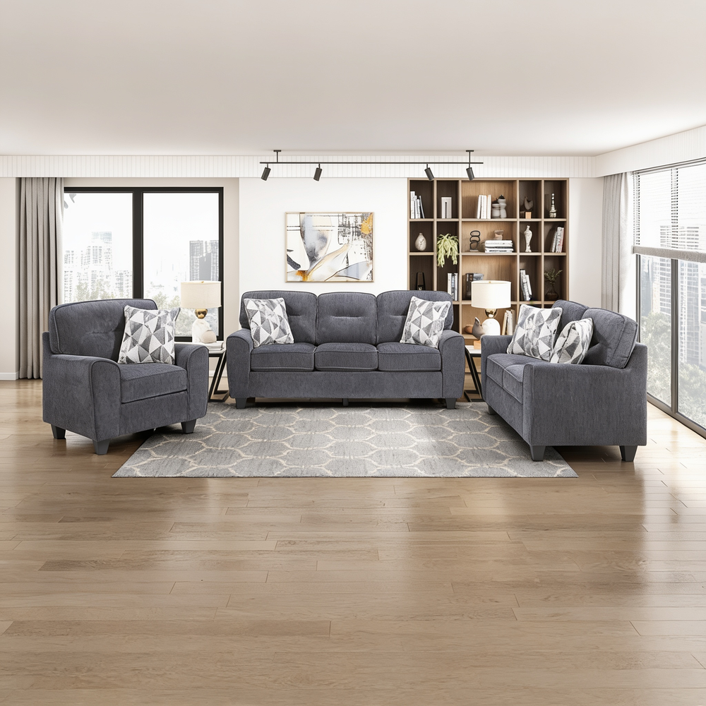 Contemporary Blue 3pc Set Sofa Loveseat Chair Durable Chenille Fabric Decorative Pillows Wooden Living Room Furniture-B011S02477 - 正方形修复