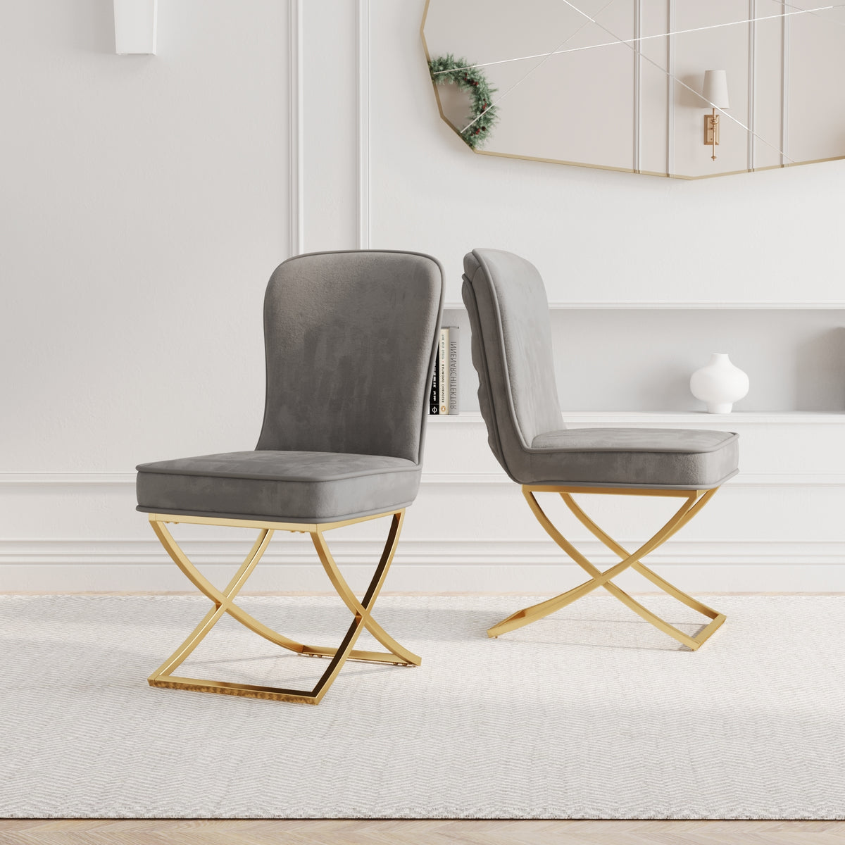 Dining Chair Set of 2, grey velvet Backrest and golden Metal legs.For Modern Kitchen Dining Room Chair for Kitchen Living Modern decorative Leisure chairs Office chairs W1727P195279-djyc