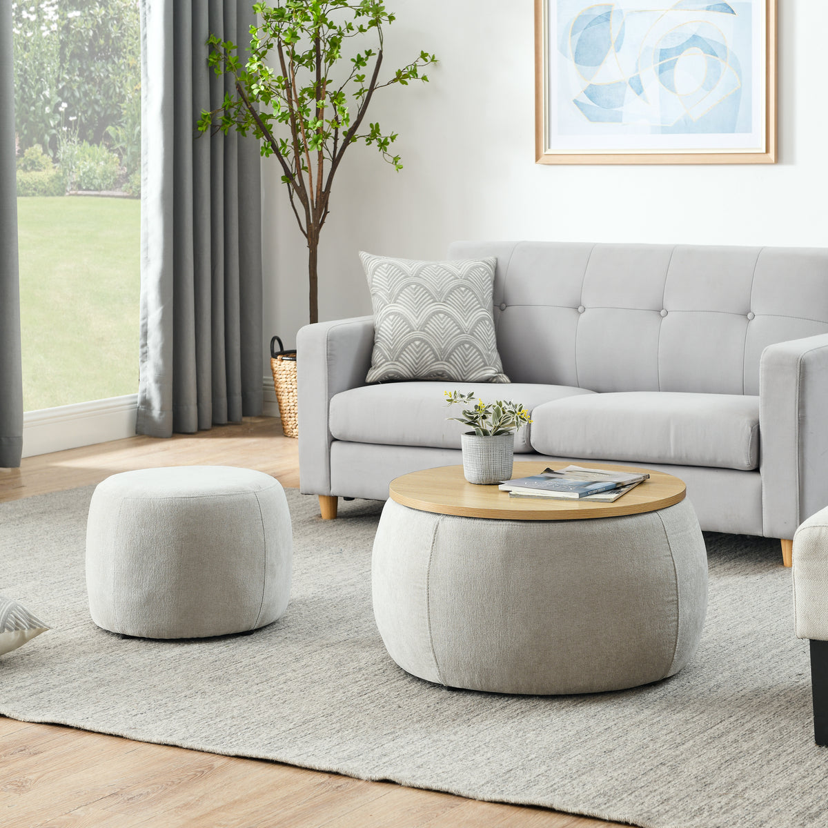 Round Storage Ottoman, 2 in 1 Function, Work as End table and Ottoman,with small seat,Light grey(25"x25"x14.7") W487P165699-djyc