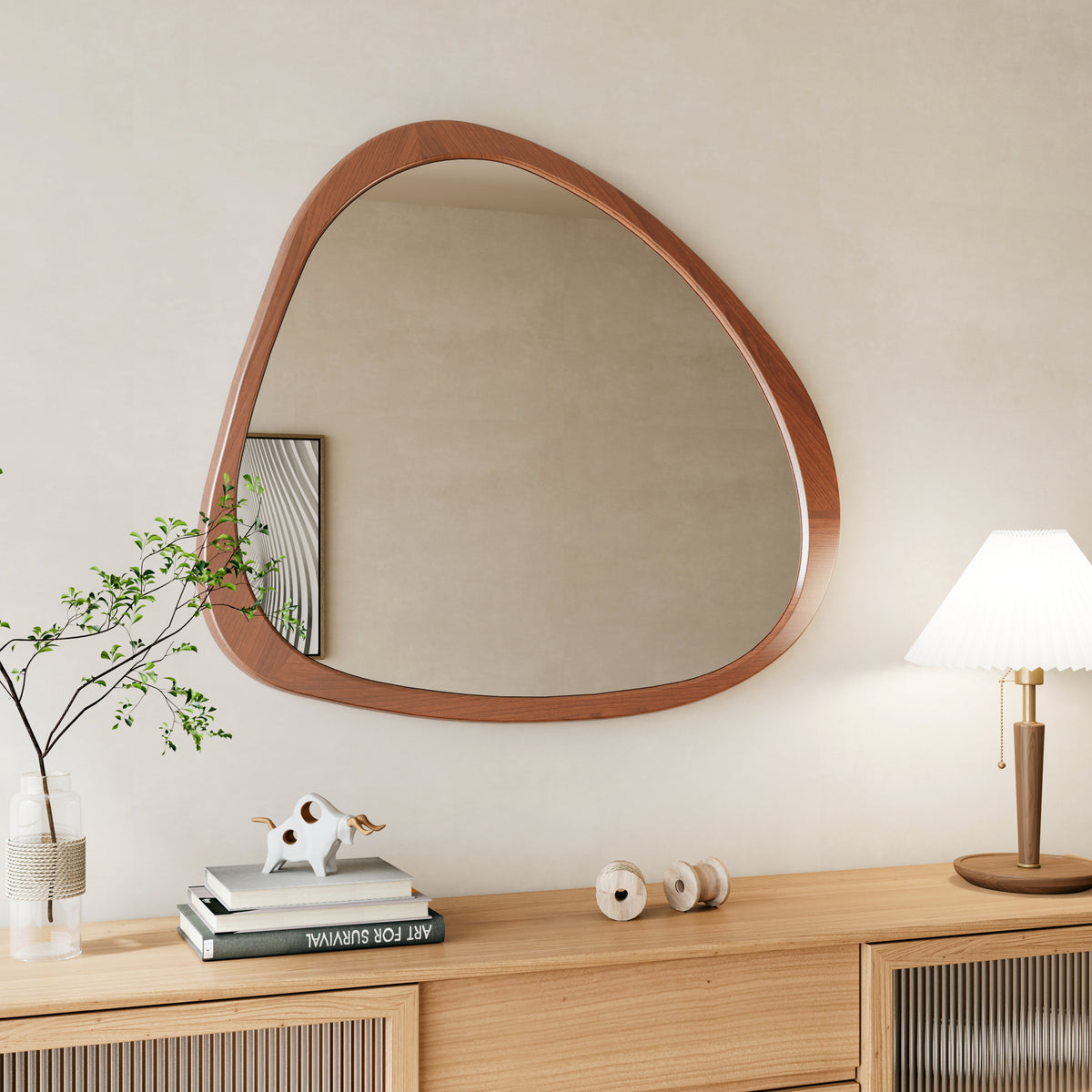 Solid Wood Mirror 45 Inch Asymmetrical Wall Mirror Wooden Framed Mirror Large Sized Dressing Mirror, for Living Room, Bedroom, Bathroom, Hallway or Entry Way W1435142944-djyc