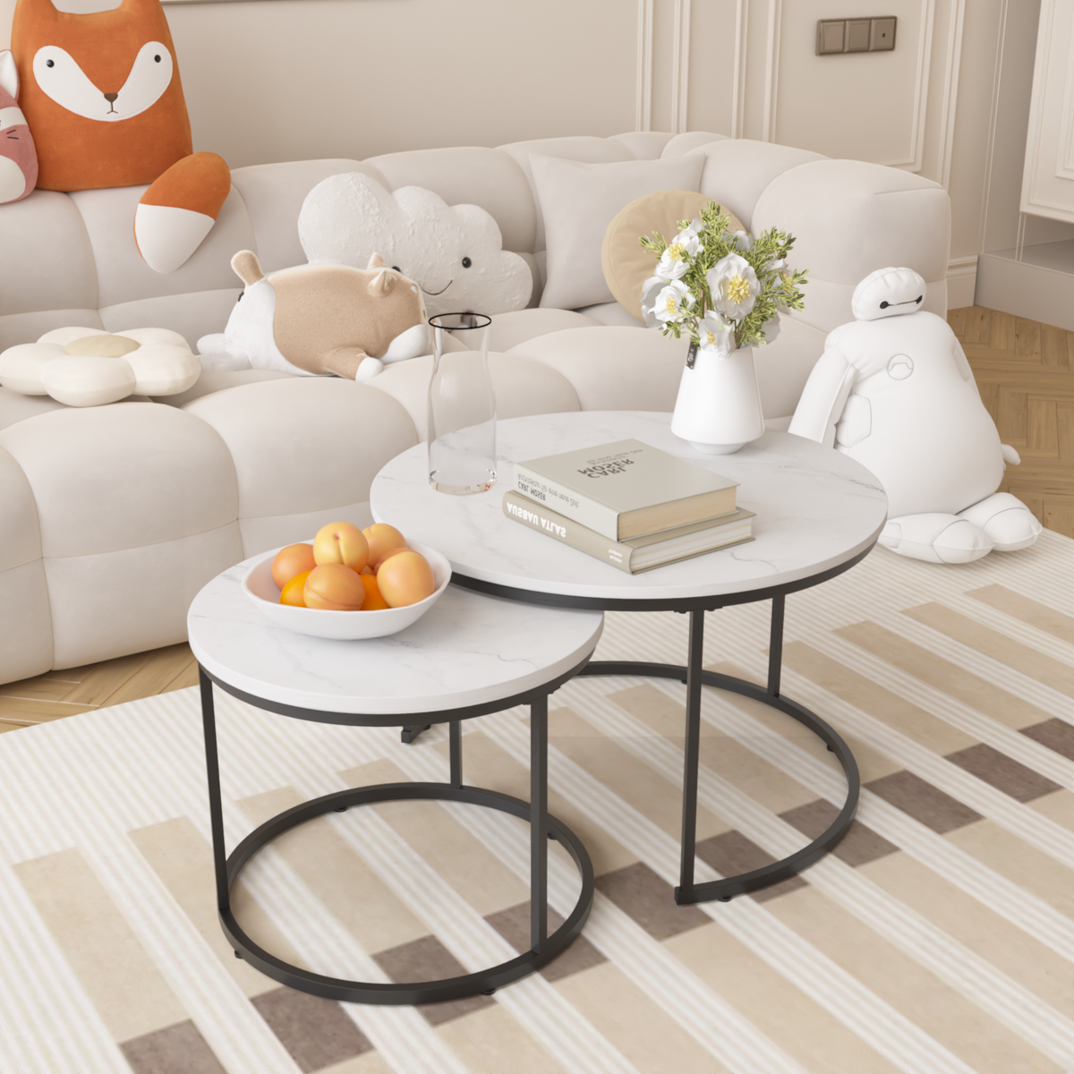 Nesting Coffee Table Set of 2, 27.6inch Round Coffee Table Wood Marble Pattern Top with Sturdy Metal Frame, End Table Side Tables for Living Room Bedroom Balcony Yard (White) W808P176725-djyc