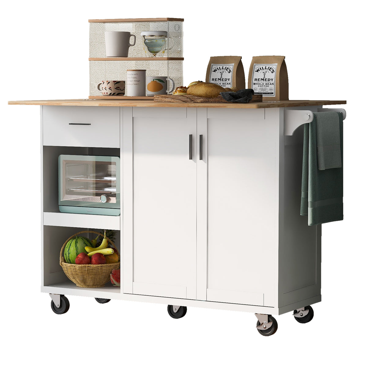 K&K Kitchen Island with Foldable Counter Top, Kitchen Storage Cart with Slide-Out Shelf, Towel Rack and Drawer, Rolling Kitchen Cart on Wheels, for Kitchen, Living Room, Dining Room, White N707P173036W-djyc