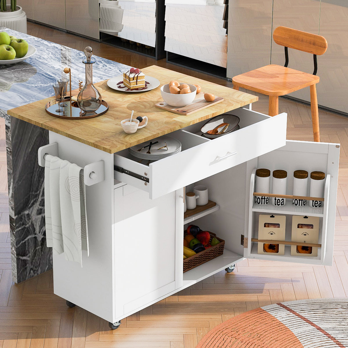 K&K Rolling Kitchen Island with Storage, Kitchen Cart with Rubber Wood Top, Spacious Drawer with Divider and Internal Storage Rack, Kitchen Island on Wheels with Adjustable Shelf Tower Rack, White WF316601AAW-djyc