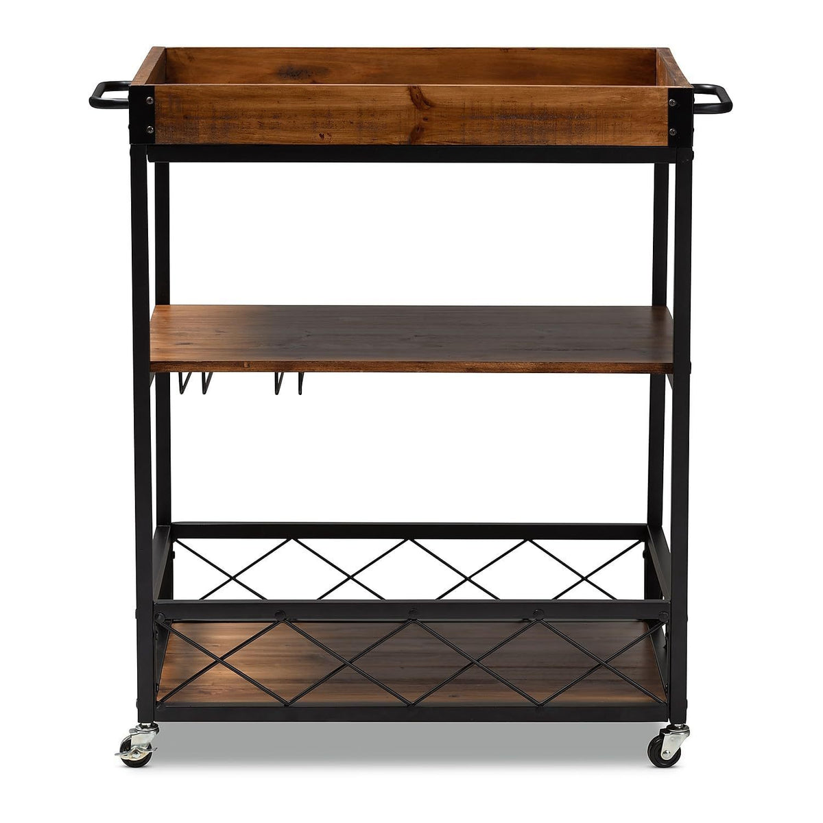 32.6'' Tall Industrial Style Rolling Kitchen Island Wine Cart with Black Finished, Fir Wood Mobile Metal Wine Bar Cart with Glass Rack, Oak Brown W2557P180163-djyc