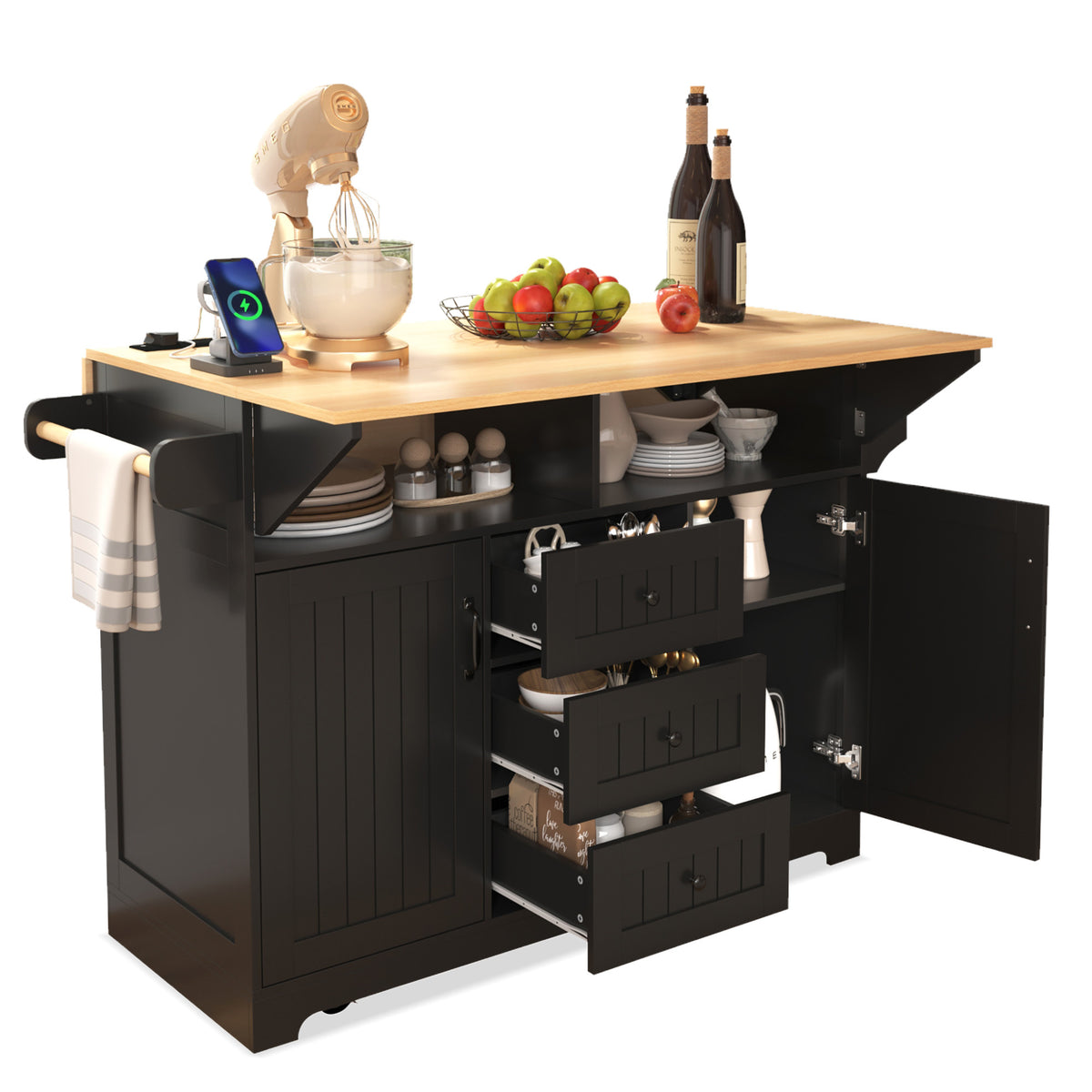 K&K 55.7'' Large Kitchen Island with 2 Drop Leaf,, Rolling Kitchen Cart on 5 Wheels with Power Outlet, Folding Storage Dining Table with Spice & Towel Rack , 3 Drawers, for Kitchen, Dining Room,Black N707P186617B-djyc