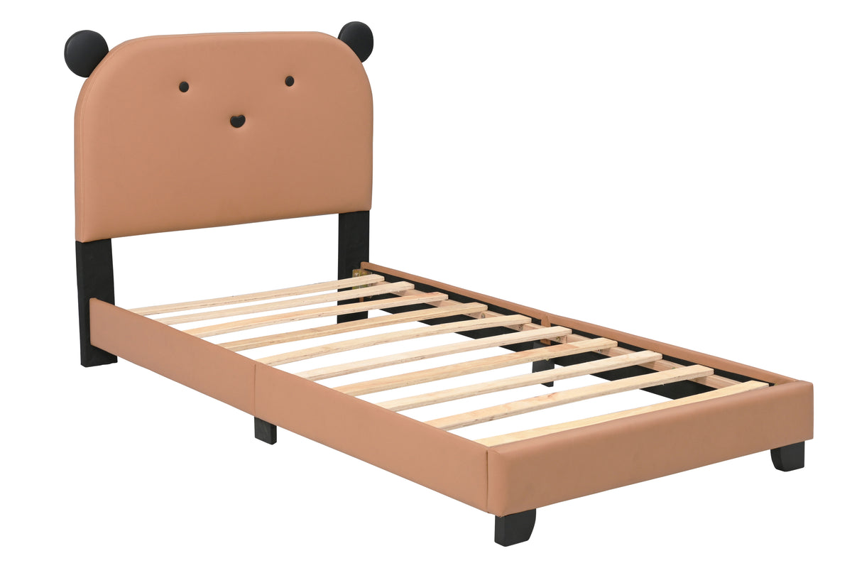 Upholstered Twin Size Platform Bed for Kids, Wooden Bed Frame with Slatted Bed Base, No Box Spring Needed, Cute Bed Frame with Bear Design Headboard for Girls Boys Teens, Brown W1998124482-djyc