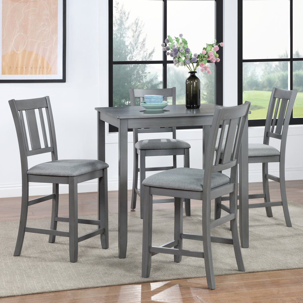 5 Piece Dining Table Set, Wooden Dining Square Table Set for 4, Counter Height Kitchen Table Set with Square Table and 4 Upholstered Chairs for Small Space, Gray W1998S00031-djyc