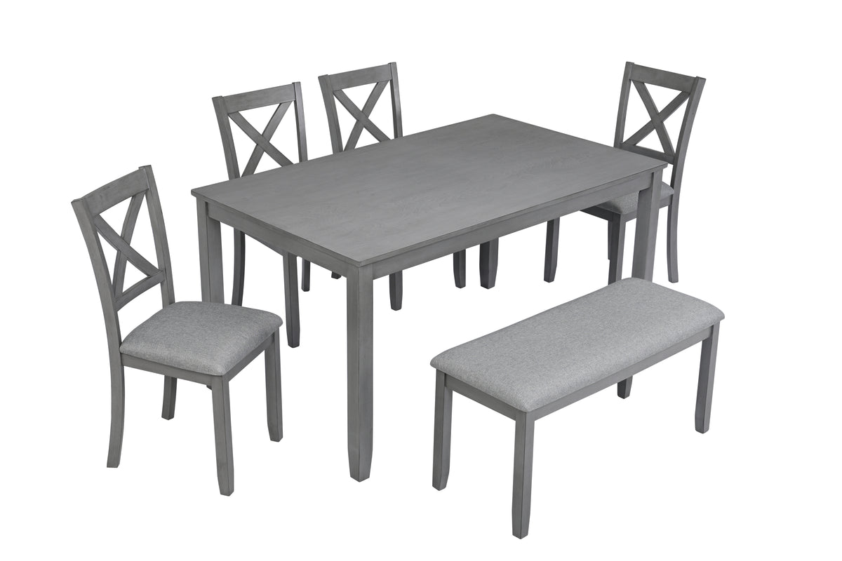 6 Piece Kitchen Dining Set, Rectangular Wooden Dining Table with 4 Upholstered Chairs and a Bench, Dining Table Set for 6 People, Living Room, Home Bar and Kitchen, Gray W1998S00004-djyc