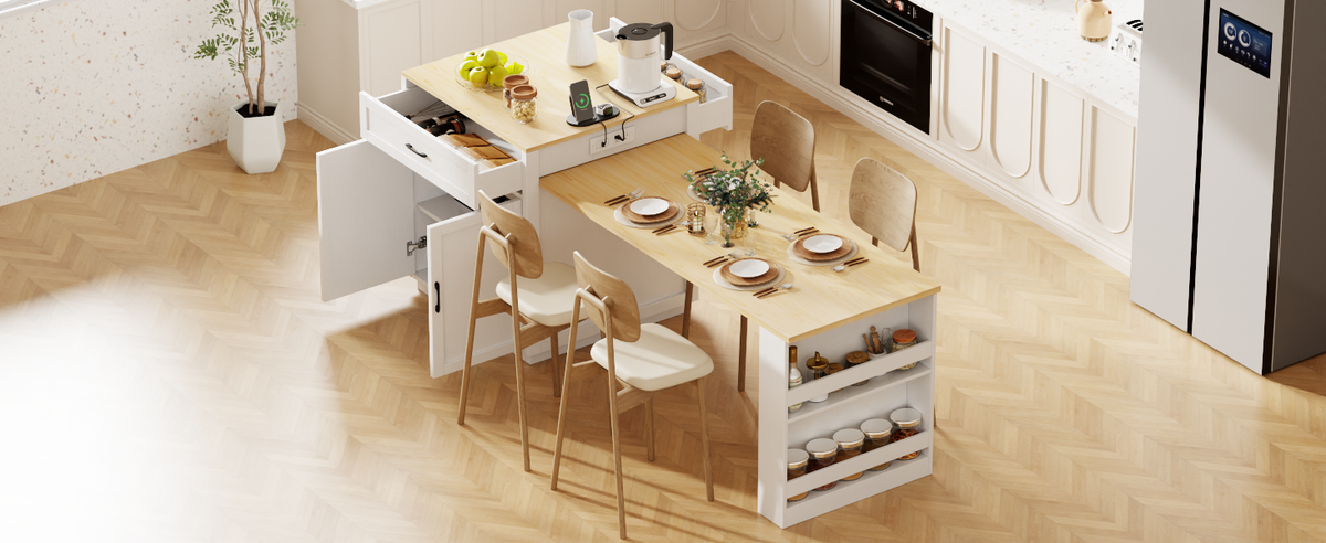 K&K 82.7 inch Kitchen Island with Extendable Dining Table for 4-6 Person,Two-tone Kitchen Table with Double-sized Storage, Power Outlet, Kitchen island with Storage 2 Drawers 2 Side Open Shelves,White N707S000010W-djyc